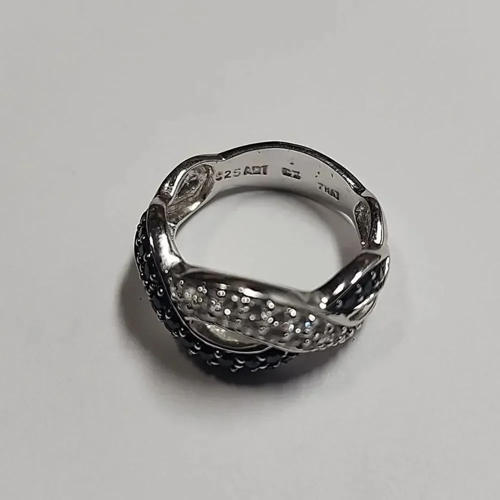 Modern ADI Black Clear CZ Twisted Sterling Silver Plated Band Size 8.75
